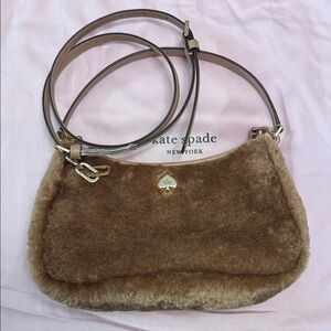 Kate Spade Kayla faux fur small convertible shoulder bag in color light fawn.